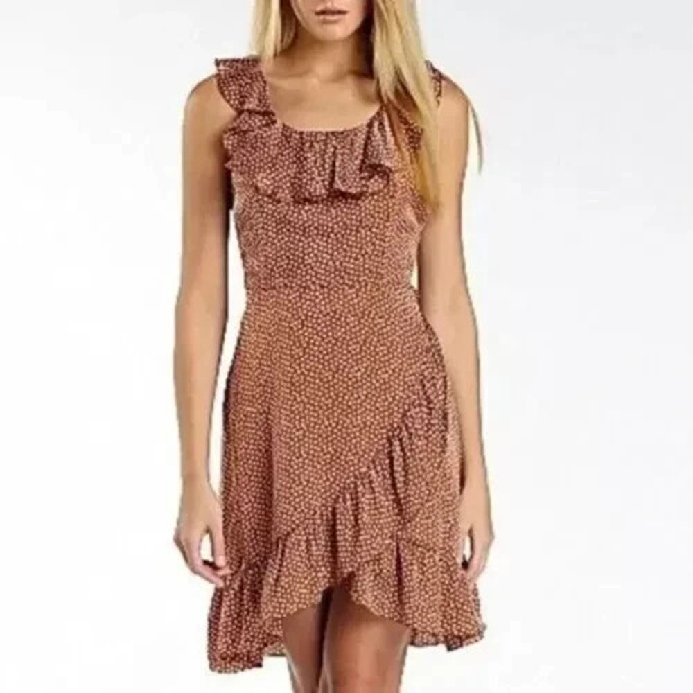 I Heart Ronson Satin Ruffle Mini Dress Sz 12 Polka Dot Brown Rust Sleeveless New
